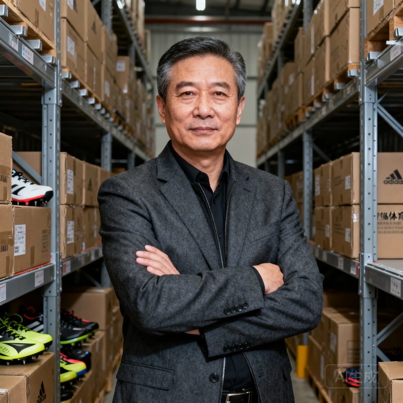 熊猫体育创始人张建国，年约55岁，身着深灰色商务夹克，站在仓储中心货架通道中，双手交叉于胸前，表情沉稳自信，身后是整齐码放的运动器材纸箱